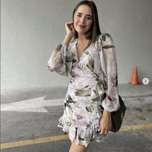 NEW Express Floral Ruched Mini Dress Long Sleeve